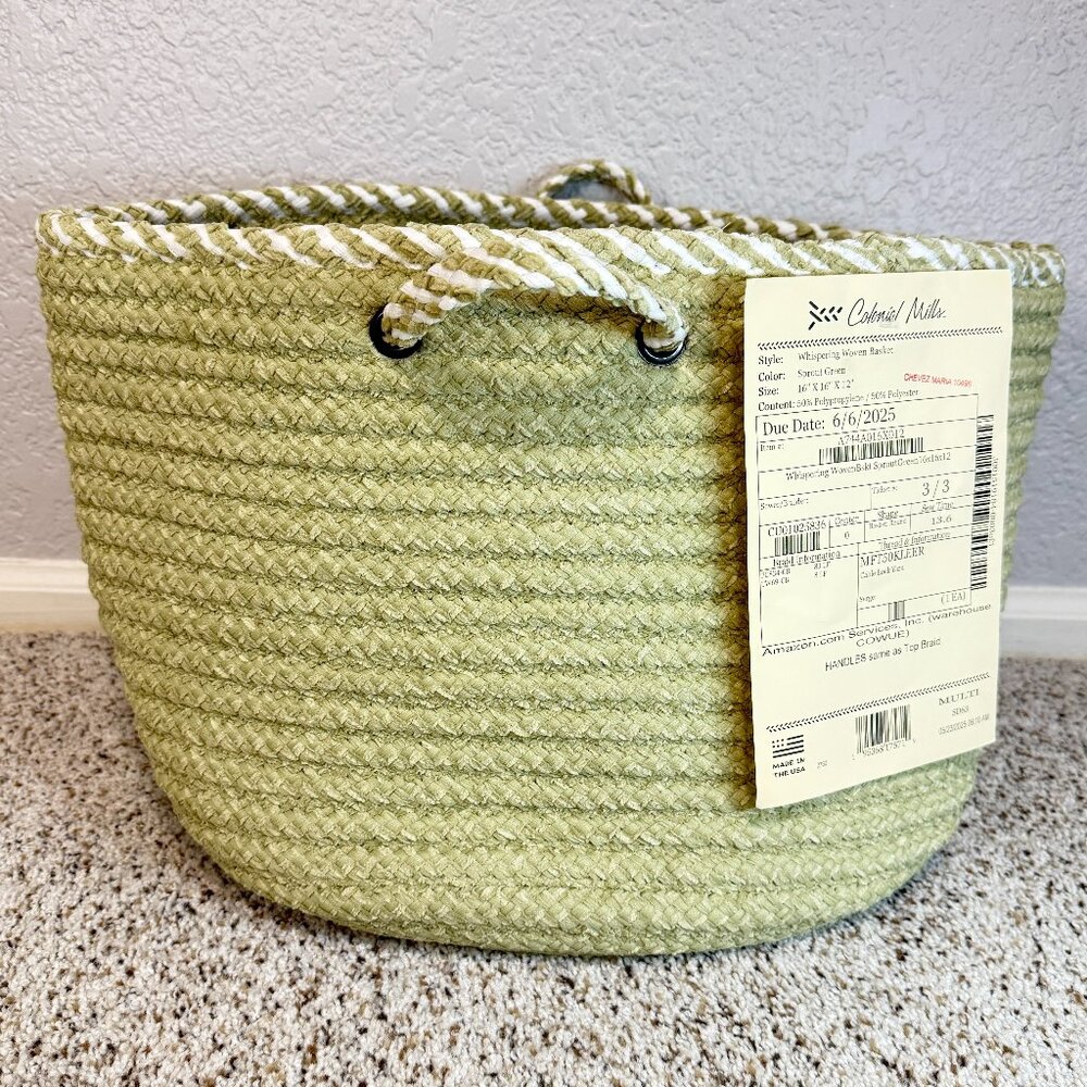 Colonial Mills Whispering Woven Basket 16x16x12 Sprout Green NWT Made in USA